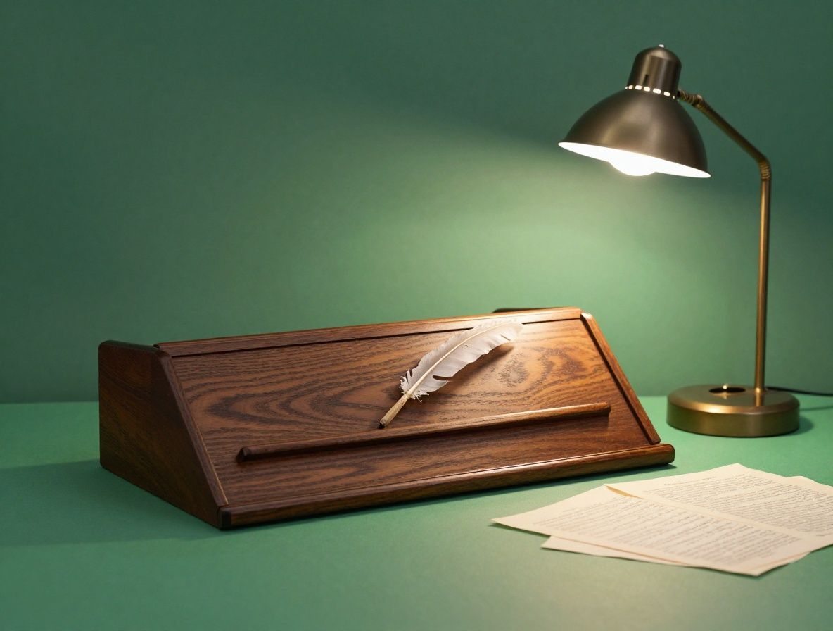 Mesa de estudio de madera oscura con libros abiertos, pluma de escribir antigua, tintero y papeles manuscritos bajo luz de lámpara de escritorio con pantalla verde