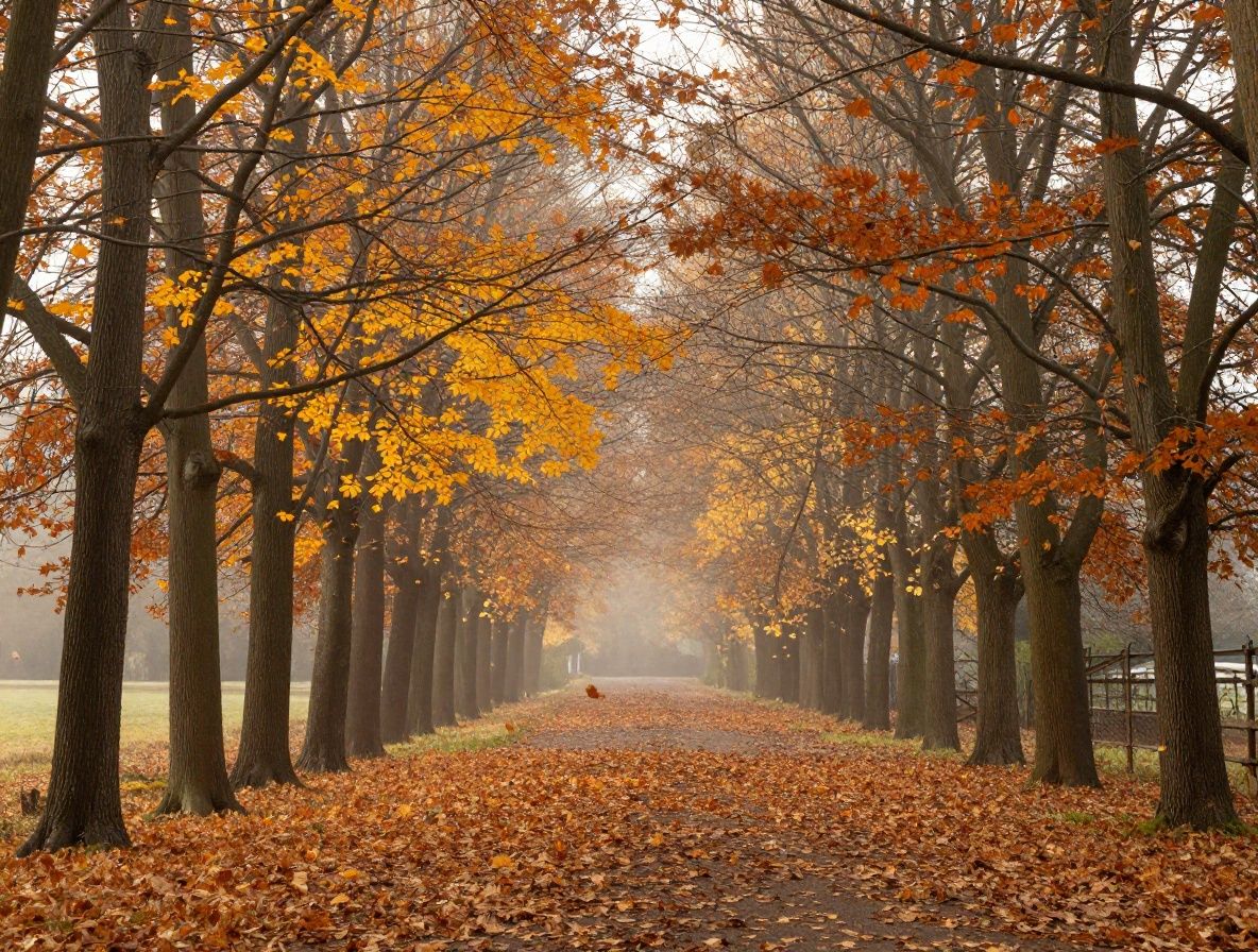 Hojas de otoño en tonos naranja y dorado cayendo sobre un sendero de bosque con luz filtrada entre los árboles y niebla matutina