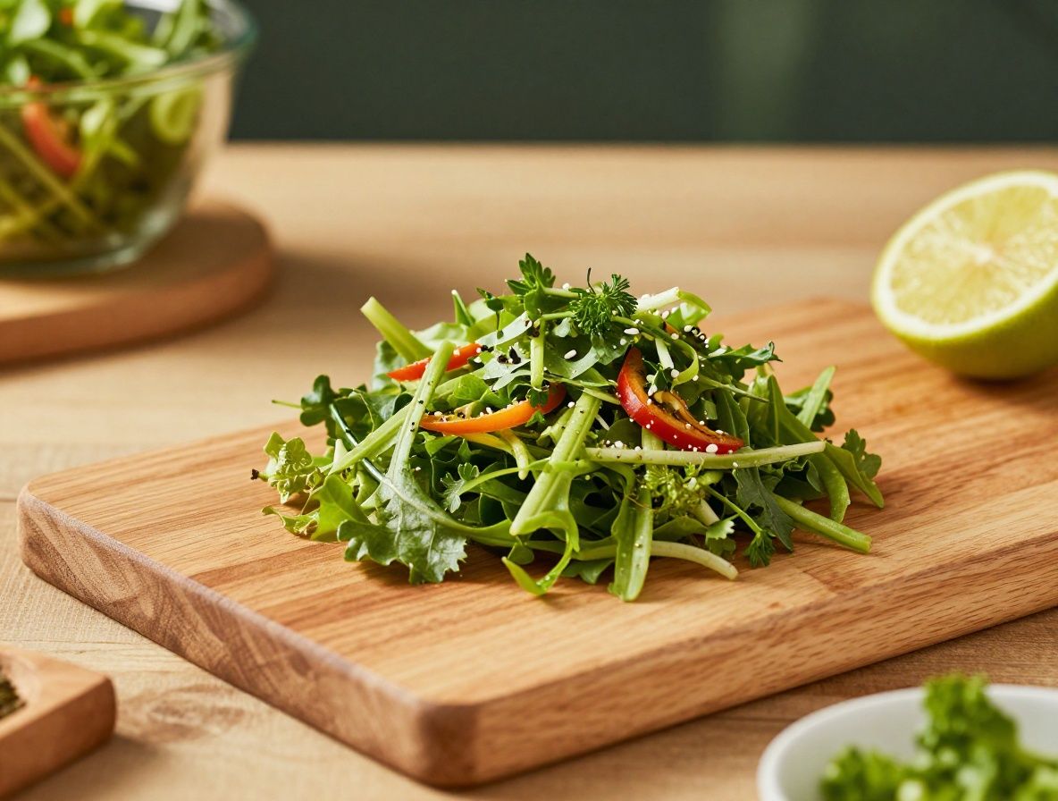 Cocina luminosa con persona preparando ensalada fresca con verduras de colores sobre tabla de madera y hierbas aromáticas en macetas