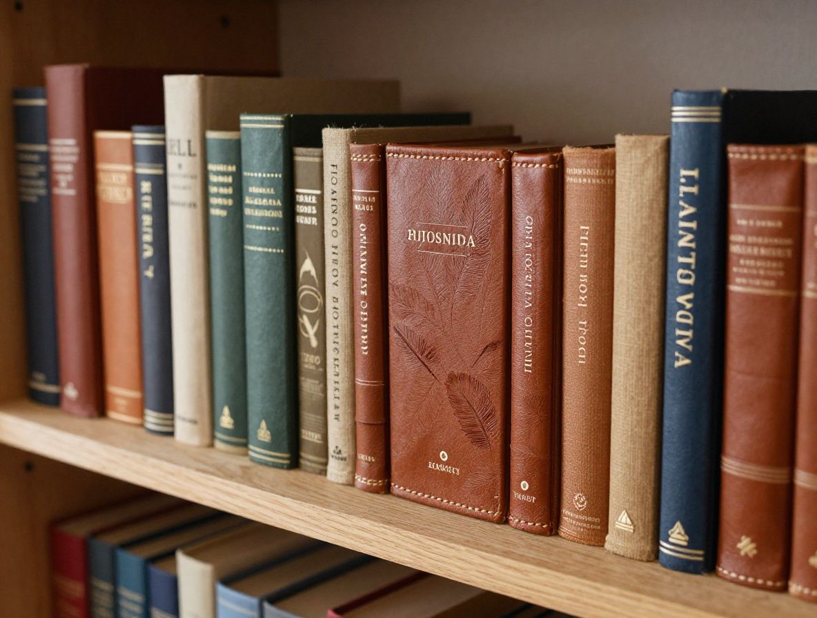 Estante con libros de bienestar, botánica y filosofía natural en encuadernaciones de lino y cuero con marcadores de seda de colores terrosos